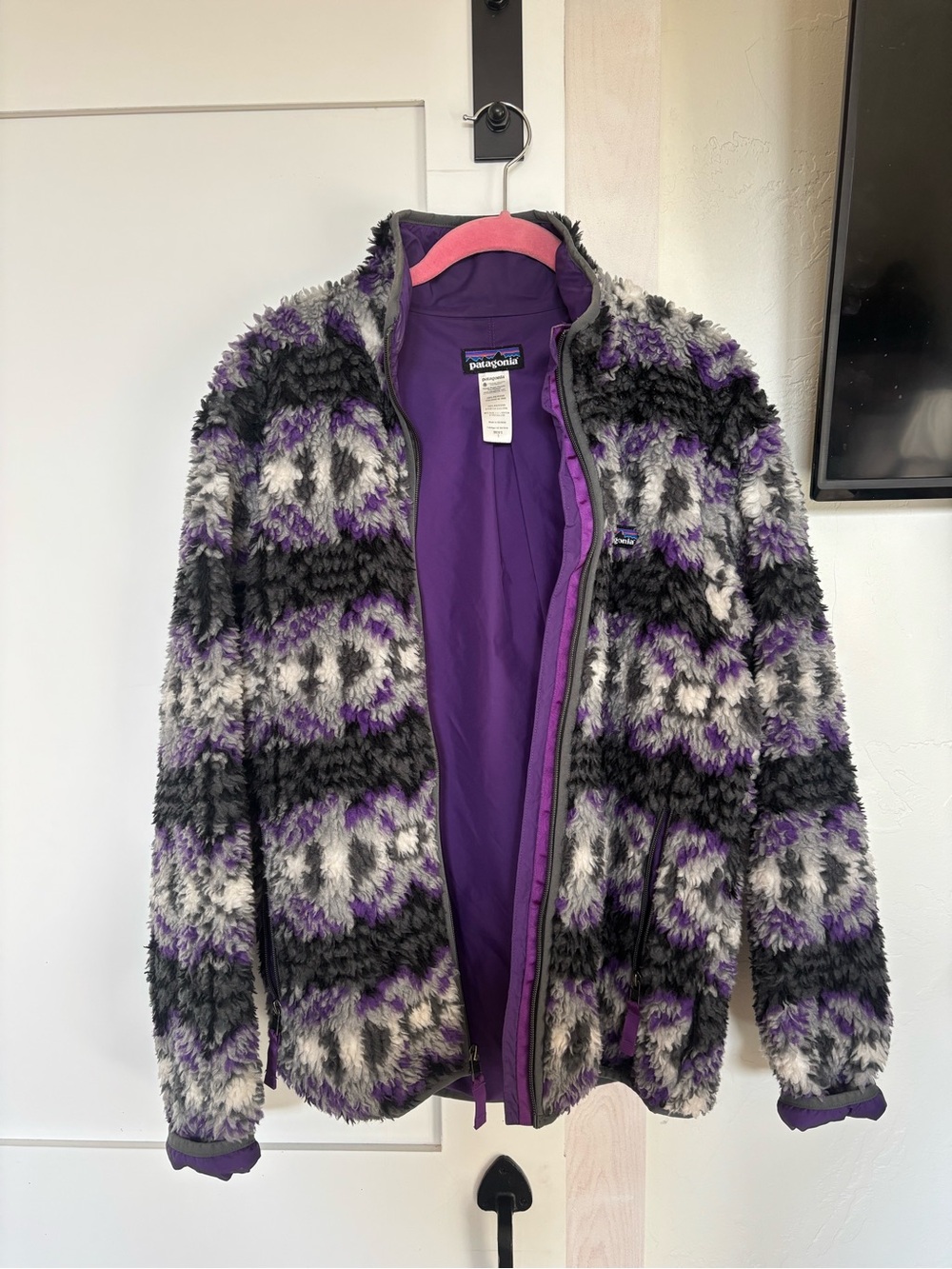 Retro Patagonia Purple, Gray & Black High-Pile Teddy Fleece Jacket